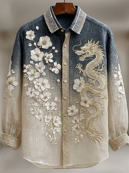 Stylitex Premium Gradient Dragon Blossom Embroidered Shirt for Men Casual Summer Half Sleeve Button Down Streetwear Designer Luxury Linen Style Fashion Shirt