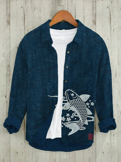 Stylitex Premium Blue Koi Fish Embroidered Shirt for Men Casual Summer Half Sleeve Button Down Streetwear Designer Minimalist Japanese Style Fashion Shirt