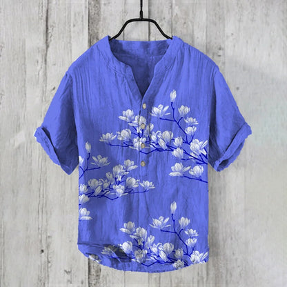 Stylitex Premium Minimal Grey Blossom Print Mandarin Collar Shirt for Men Casual Summer Half Sleeve Button Down Streetwear Elegant Linen Style Fashion Shirt