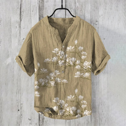 Stylitex Premium Minimal Grey Blossom Print Mandarin Collar Shirt for Men Casual Summer Half Sleeve Button Down Streetwear Elegant Linen Style Fashion Shirt