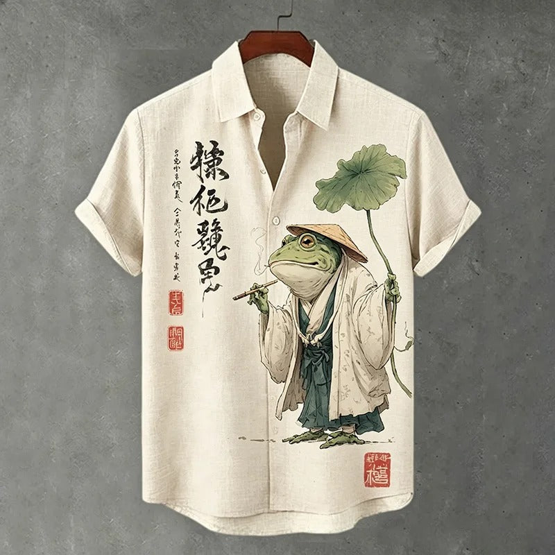Stylitex Premium Japanese Frog Art Print Shirt for Men Casual Summer Half Sleeve Button Down Streetwear Graphic Designer Shirt