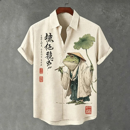 Stylitex Premium Japanese Frog Art Print Shirt for Men Casual Summer Half Sleeve Button Down Streetwear Graphic Designer Shirt