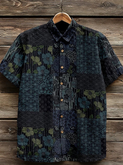 Stylitex Premium Japanese Dark Patchwork Pattern Print Shirt for Men Casual Summer Half Sleeve Button Down Streetwear Designer Vintage Fashion Shirt
