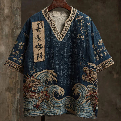 Stylitex Premium Japanese Wave Dragon Art V Neck Shirt for Men Casual Summer Half Sleeve Loose Fit Streetwear Designer Graphic Shirt