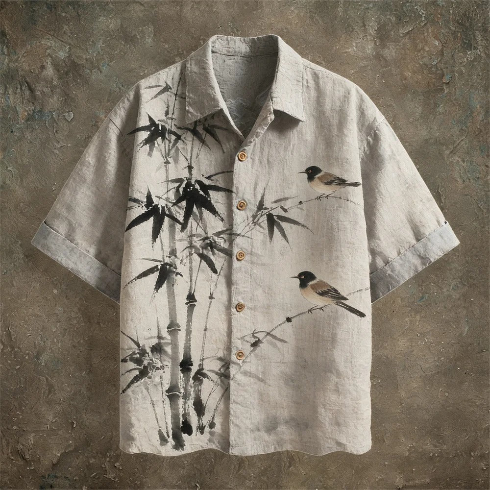 Stylitex Premium Japanese Bamboo Bird Ink Art Print Shirt for Men Casual Summer Half Sleeve Button Down Streetwear Minimalist Designer Linen Style Fashion Shirt