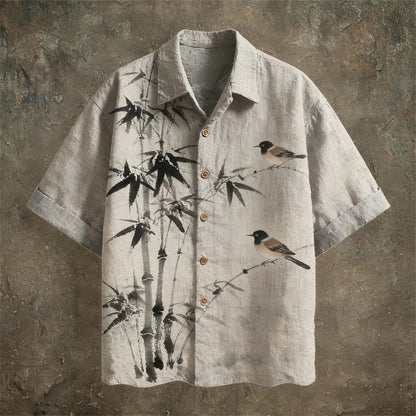 Stylitex Premium Japanese Bamboo Bird Ink Art Print Shirt for Men Casual Summer Half Sleeve Button Down Streetwear Minimalist Designer Linen Style Fashion Shirt
