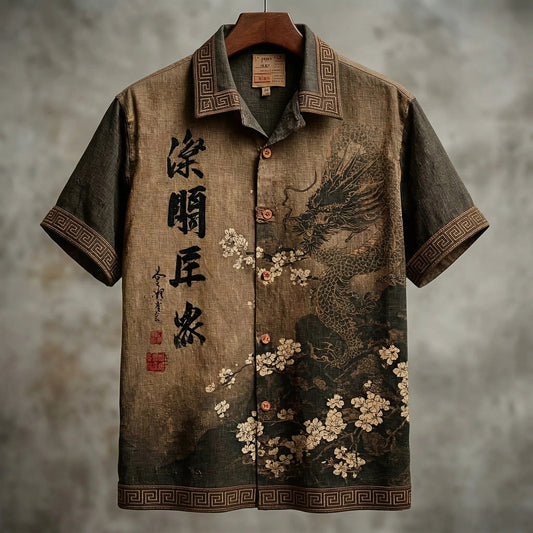Stylitex Premium Vintage Japanese Dragon Floral Print Shirt for Men Casual Summer Half Sleeve Button Down Streetwear Designer Fashion Shirt