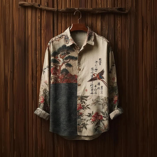 Stylitex Premium Patchwork Bird Floral Art Print Shirt for Men Casual Summer Half Sleeve Button Down Streetwear Designer Vintage Asian Style Fashion Shirt