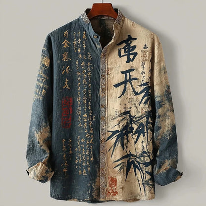 Stylitex Zen Script Bamboo Shirt for Men Japanese Calligraphy Style Long Sleeve Casual Designer Shirt