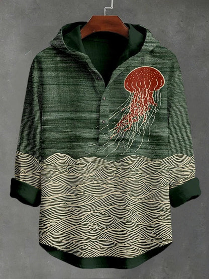 Stylitex Ocean Wave Jellyfish Hoodie Shirt for Men Casual Summer Lightweight Long Sleeve Beach Style Artistic Designer Streetwear Linen Blend Shirt