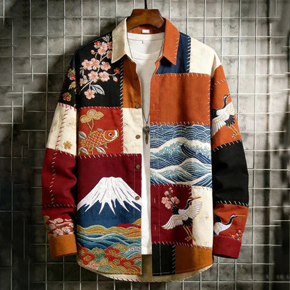 Stylitex Japanese Patchwork Art Shirt for Men Vintage Multi-Panel Long Sleeve Casual Linen Blend Shirt Crane Wave Sakura Fuji Designer Wear