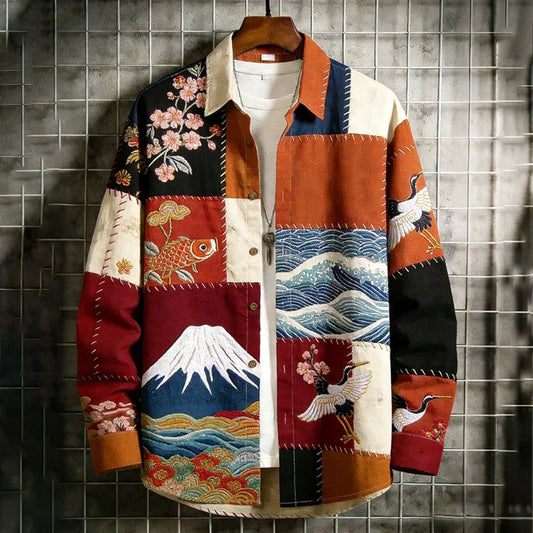 Stylitex Japanese Patchwork Art Shirt for Men Vintage Multi-Panel Long Sleeve Casual Linen Blend Shirt Crane Wave Sakura Fuji Designer Wear