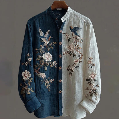 Stylitex Premium Dual Tone Embroidered Birds Floral Shirt for Men Casual Summer Half Sleeve Button Down Streetwear Designer Linen Style Elegant Fashion Shirt