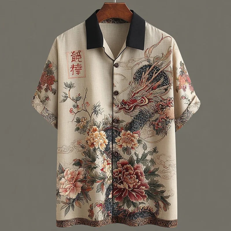 Stylitex Premium Japanese Dragon Floral Art Print Shirt for Men Casual Summer Half Sleeve Button Down Streetwear Designer Elegant Fashion Shirt