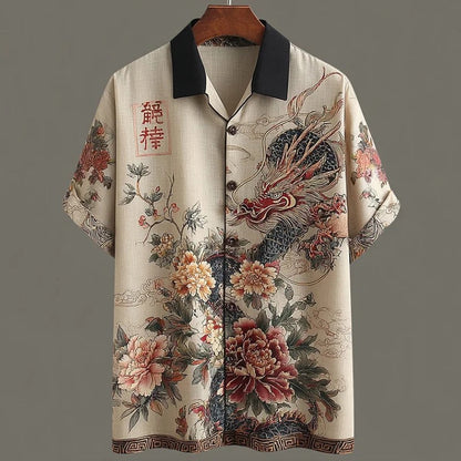 Stylitex Premium Japanese Dragon Floral Art Print Shirt for Men Casual Summer Half Sleeve Button Down Streetwear Designer Elegant Fashion Shirt