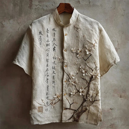 Stylitex Premium Minimal Japanese Blossom Embroidery Shirt for Men Casual Summer Half Sleeve Mandarin Collar Button Down Elegant Designer Fashion Shirt