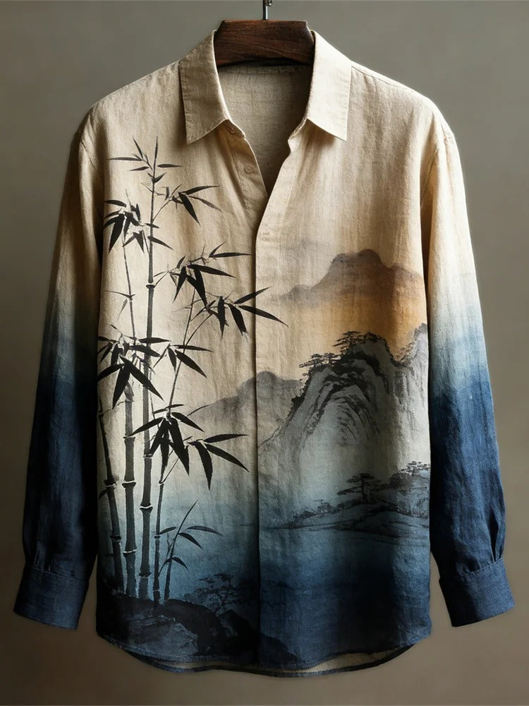 Stylitex Bamboo Mountain Ink Wash Shirt for Men Japanese Style Long Sleeve Casual Linen Blend Shirt Minimalist Landscape Designer Wear