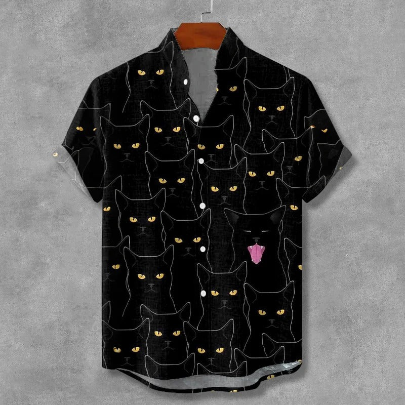 Stylitex Premium Black Cat Eyes Print Shirt for Men Casual Summer Half Sleeve Button Down Streetwear Fashion Graphic Shirt