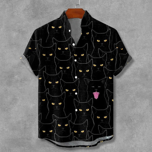 Stylitex Premium Black Cat Eyes Print Shirt for Men Casual Summer Half Sleeve Button Down Streetwear Fashion Graphic Shirt
