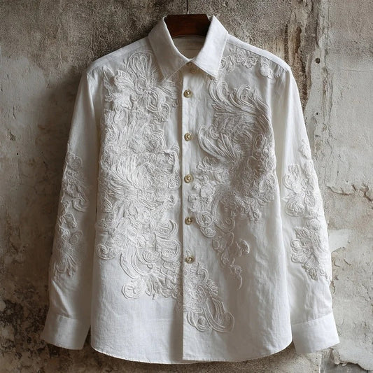 Stylitex Imperial Embroidered White Shirt for Men Luxury Dragon Floral Long Sleeve Designer Shirt
