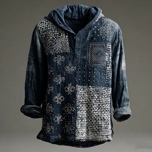 Stylitex Indigo Patchwork Hoodie Shirt for Men Vintage Japanese Style Long Sleeve Casual Linen Blend Hooded Shirt Artistic Streetwear