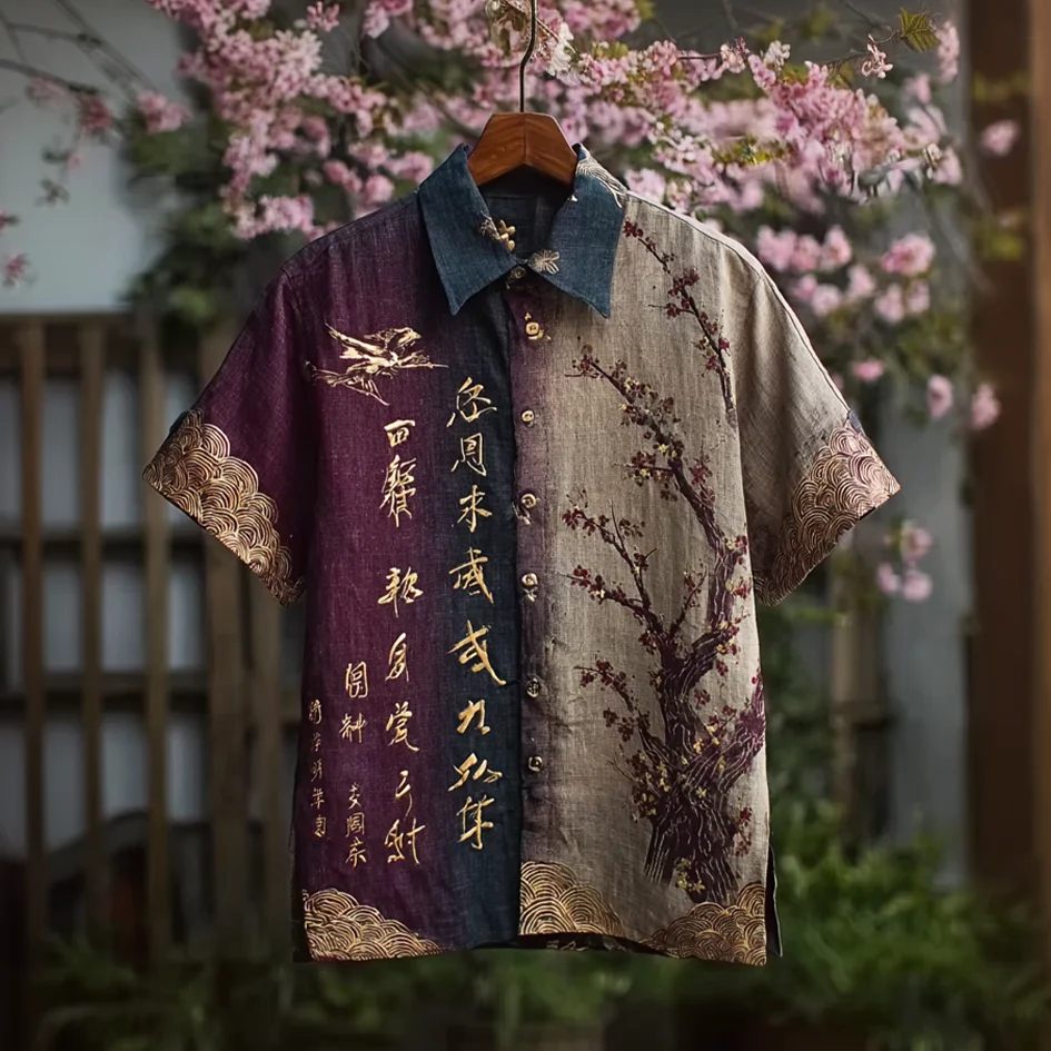 Stylitex Premium Artistic Japanese Sakura Print Shirt for Men Summer Casual Button Down Half Sleeve Luxury Streetwear Fashion Shirt