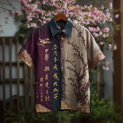 Stylitex Premium Artistic Japanese Sakura Print Shirt for Men Summer Casual Button Down Half Sleeve Luxury Streetwear Fashion Shirt