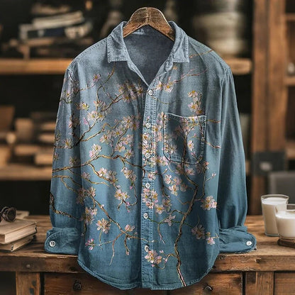 Stylitex Sakura Denim Shirt for Men Vintage Floral Japanese Style Long Sleeve Casual Designer Shirt