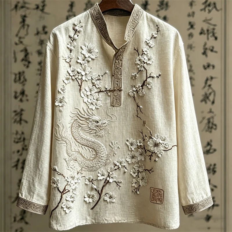 Stylitex Premium Mandarin Collar Dragon Blossom Embroidered Shirt for Men Casual Summer Half Sleeve Button Down Streetwear Designer Luxury Linen Style Asian Fashion Shirt