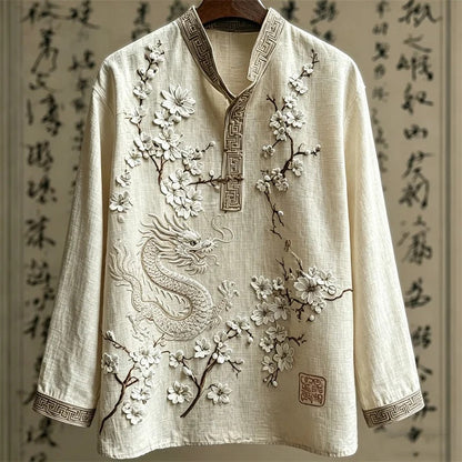 Stylitex Premium Mandarin Collar Dragon Blossom Embroidered Shirt for Men Casual Summer Half Sleeve Button Down Streetwear Designer Luxury Linen Style Asian Fashion Shirt