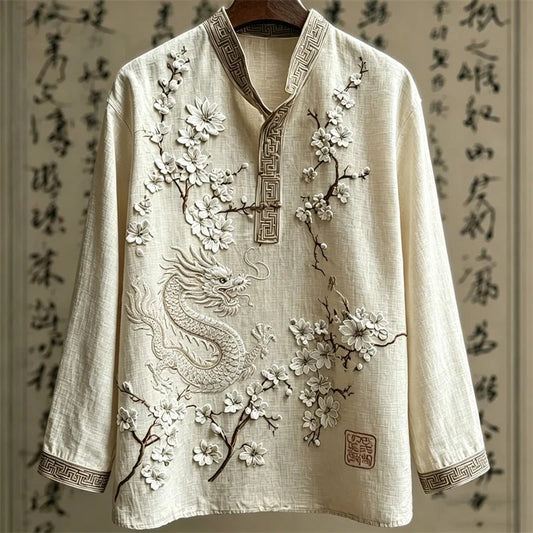 Stylitex Premium Mandarin Collar Dragon Blossom Embroidered Shirt for Men Casual Summer Half Sleeve Button Down Streetwear Designer Luxury Linen Style Asian Fashion Shirt