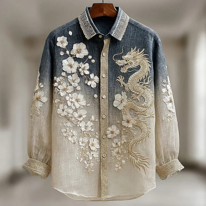 Stylitex Premium Gradient Dragon Blossom Embroidered Shirt for Men Casual Summer Half Sleeve Button Down Streetwear Designer Luxury Linen Style Fashion Shirt