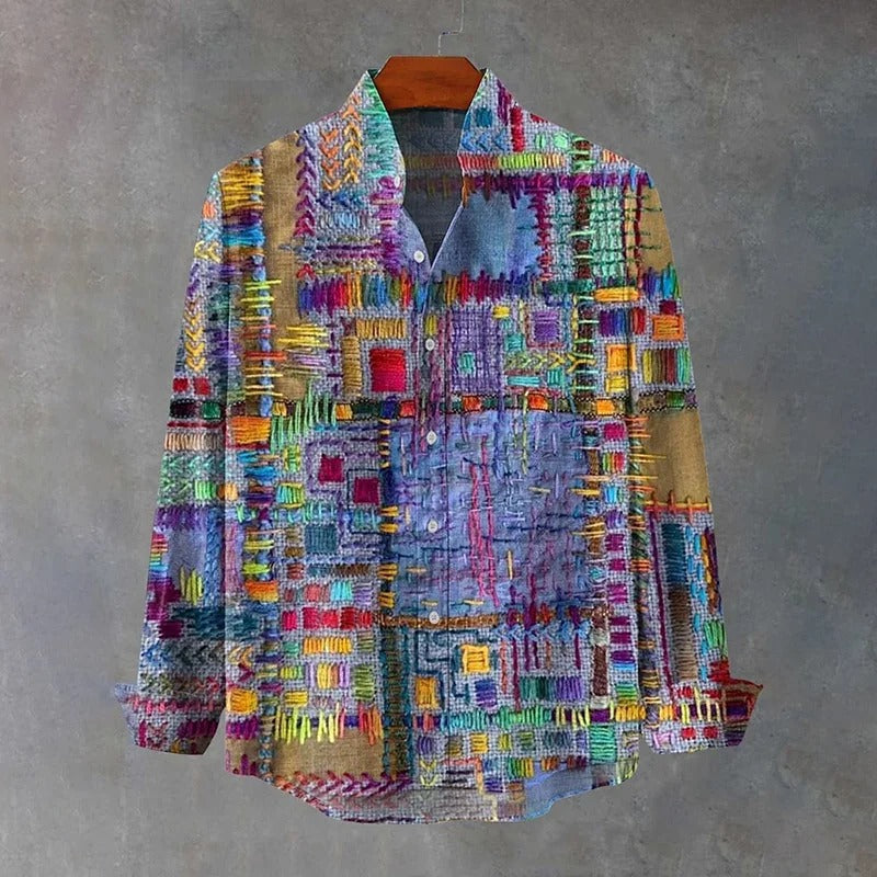 Stylitex Artisan Patchwork Shirt for Men Colorful Bohemian Stitch Design Long Sleeve Casual Designer Shirt