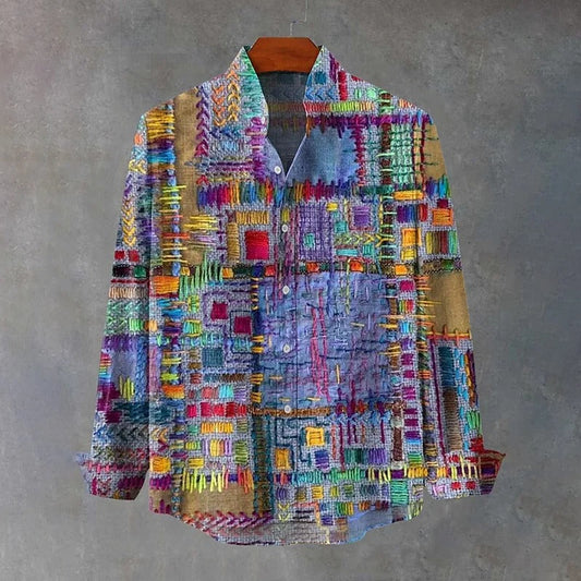 Stylitex Artisan Patchwork Shirt for Men Colorful Bohemian Stitch Design Long Sleeve Casual Designer Shirt