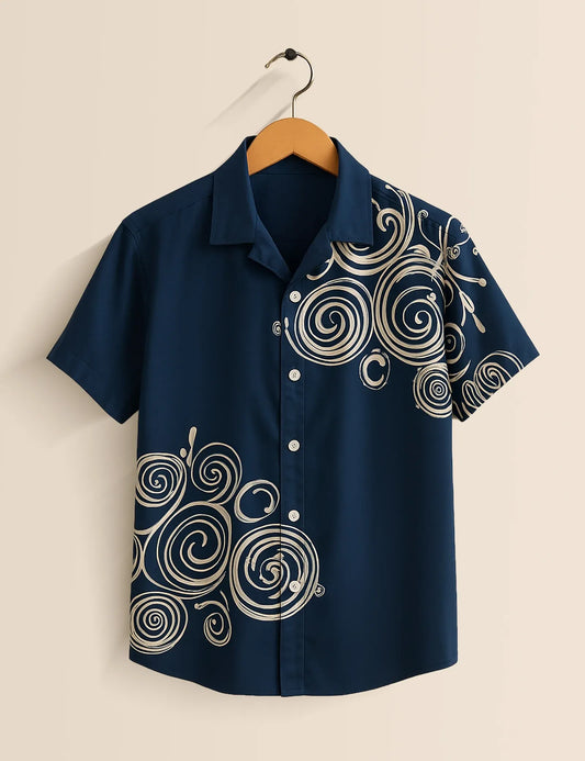 Navy Abstract Swirl Print Shirt – Men’s Short Sleeve Button-Up (XS–6XL)