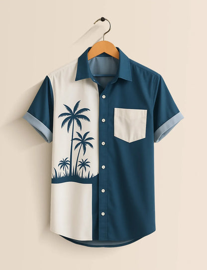 Palm Tree Color Block Shirt – Men’s Short Sleeve Button-Up (XS–6XL)