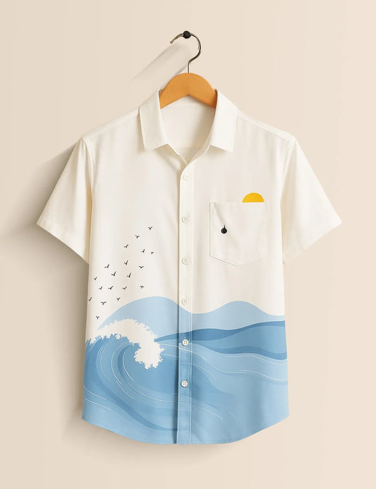 Ocean Wave Graphic Shirt – Men’s Short Sleeve Button-Up (XS–6XL)