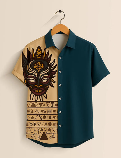 Tribal Mask Print Shirt – Men’s Short Sleeve Button-Up (XS–6XL)