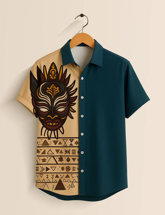 Tribal Mask Print Shirt – Men’s Short Sleeve Button-Up (XS–6XL)