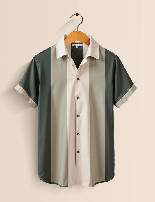 Vertical Color Block Shirt – Men’s Short Sleeve Button-Up (XS–6XL)