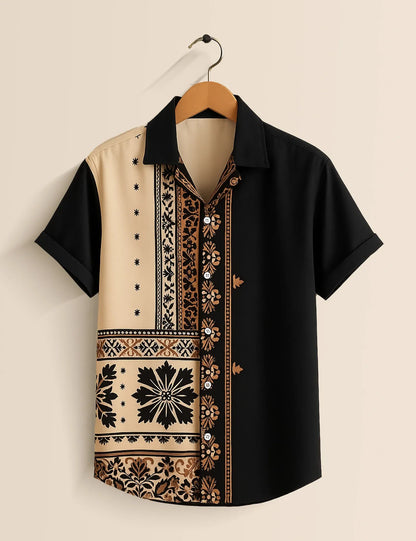 Ethnic Patchwork Print Shirt – Men’s Short Sleeve Button-Up (XS–6XL)