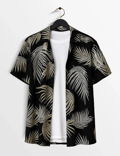 Black Palm Leaf Print Shirt – Men’s Short Sleeve Button-Up (XS–6XL)