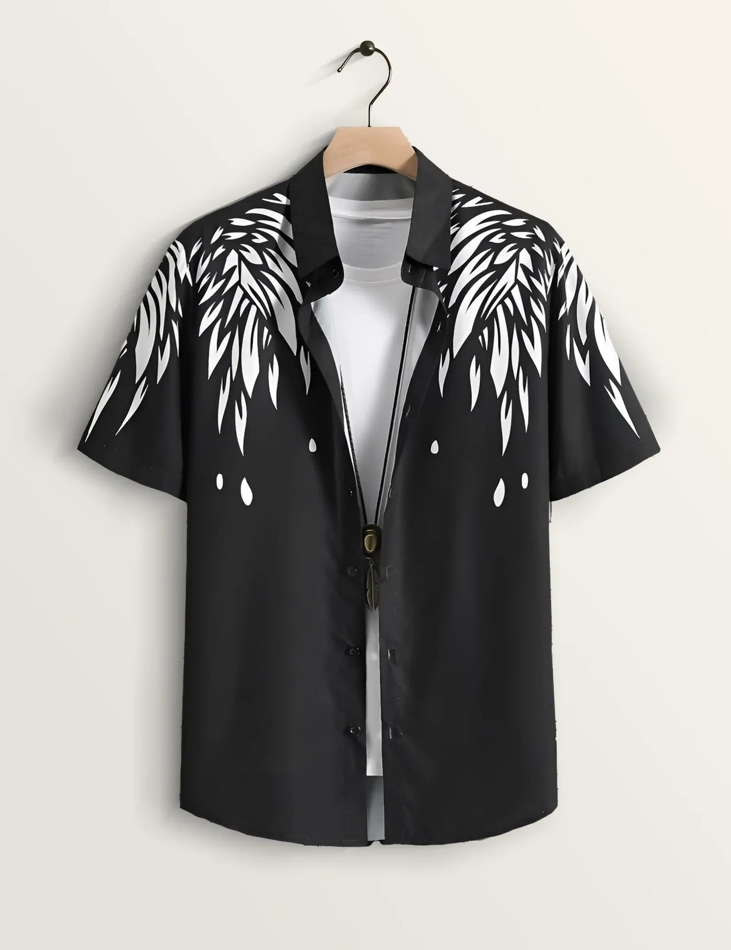 Black Abstract Feather Print Shirt – Men’s Short Sleeve Button-Up (XS–6XL)