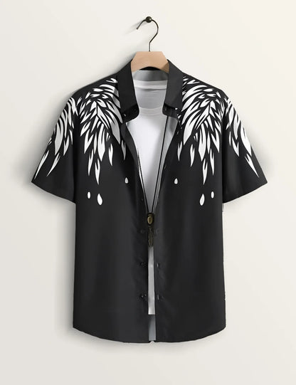 Black Abstract Feather Print Shirt – Men’s Short Sleeve Button-Up (XS–6XL)