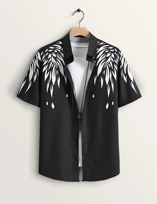 Black Abstract Feather Print Shirt – Men’s Short Sleeve Button-Up (XS–6XL)