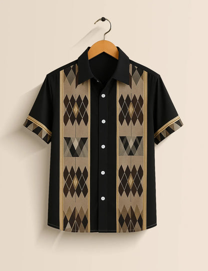 Argyle Stripe Color Block Shirt – Men’s Short Sleeve Button-Up (XS–6XL)