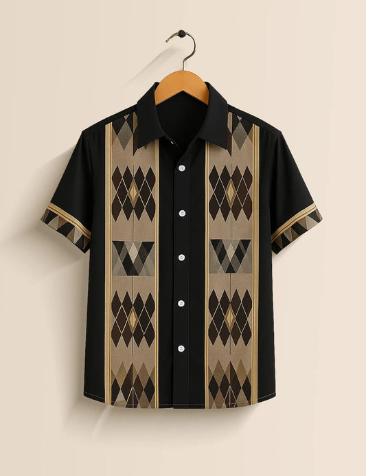 Argyle Stripe Color Block Shirt – Men’s Short Sleeve Button-Up (XS–6XL)