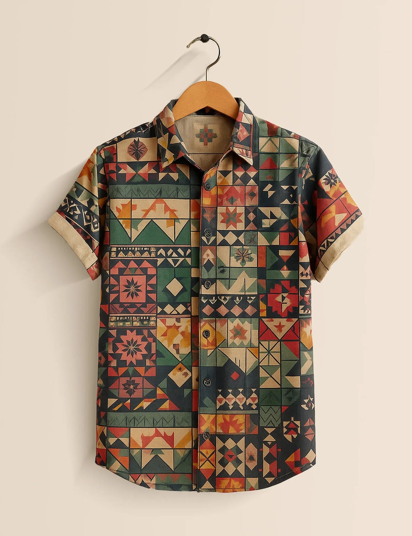 Geometric Tribal Patchwork Shirt – Men’s Short Sleeve Button-Up (XS–6XL)