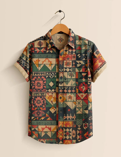 Geometric Tribal Patchwork Shirt – Men’s Short Sleeve Button-Up (XS–6XL)