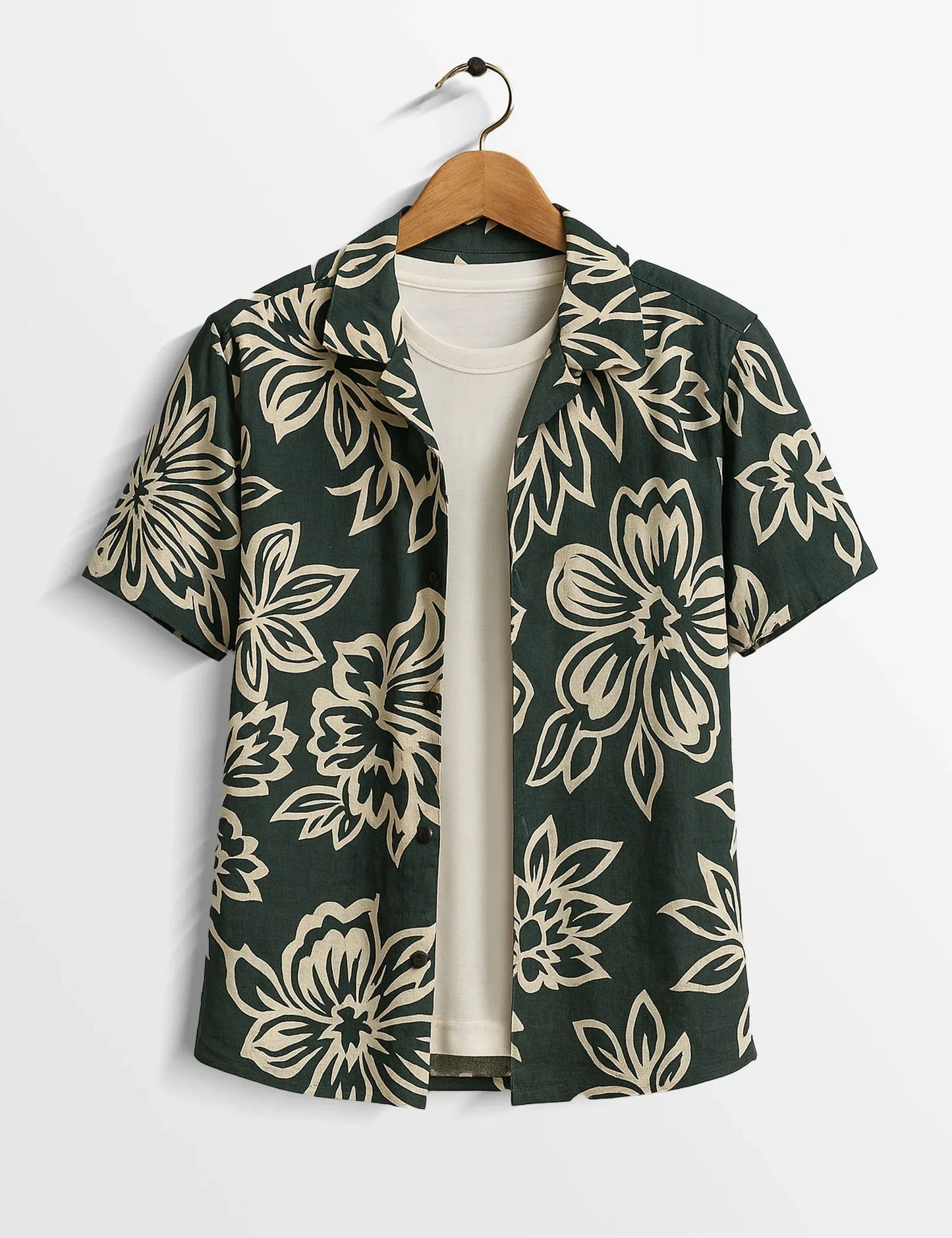 Dark Green Floral Print Shirt – Men’s Short Sleeve Button-Up (XS–6XL)